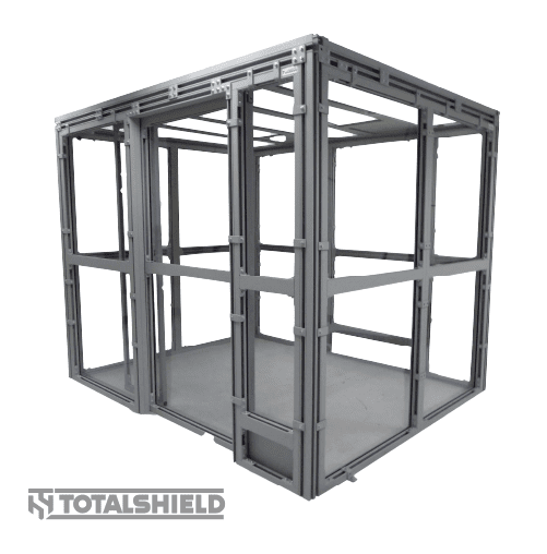 Portable containment room with polycarbonate panels.