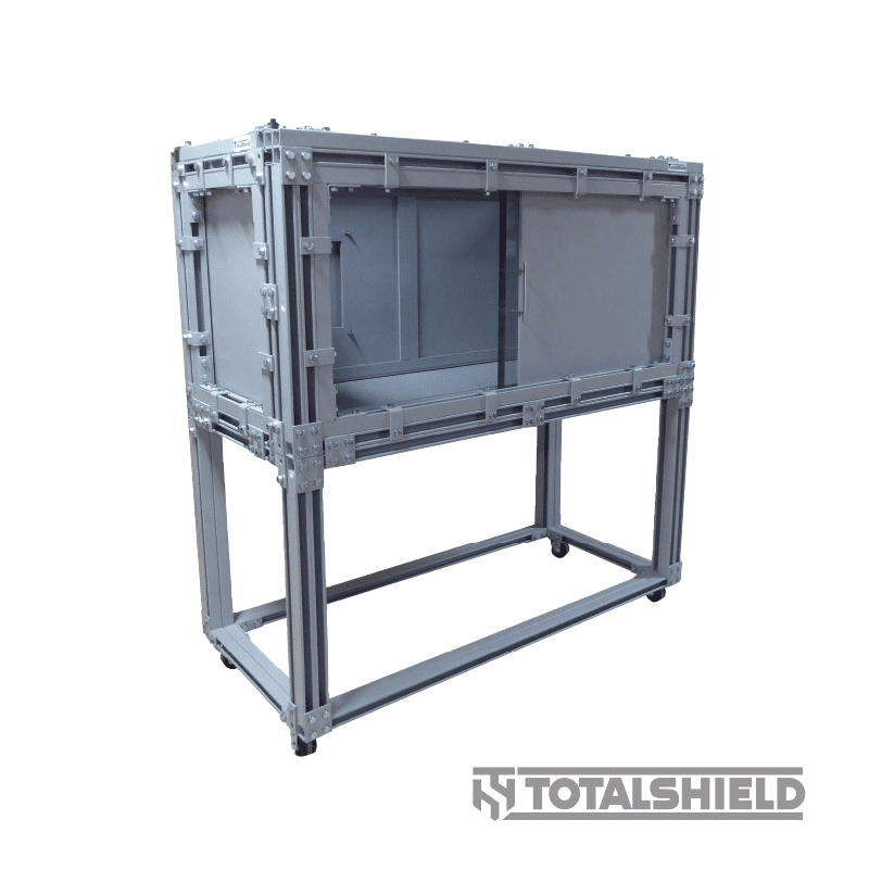 Explosion-resistant mobile containment manufactured with steel and polycarbonate.